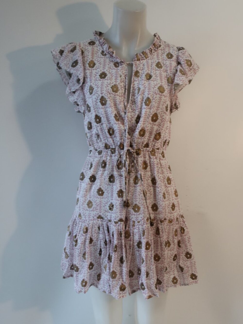 Womens Oliphant White Lilac (Item-221) Floral Flutter Sleeve Flirty Mini Dress S